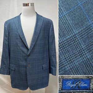 Tom James Royal Classic Men's 46L Blue Windowpane Plaid 2-Button Blazer Jacket